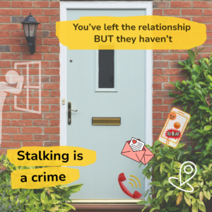 Photo of front door with phone and letters and a figure looking through window